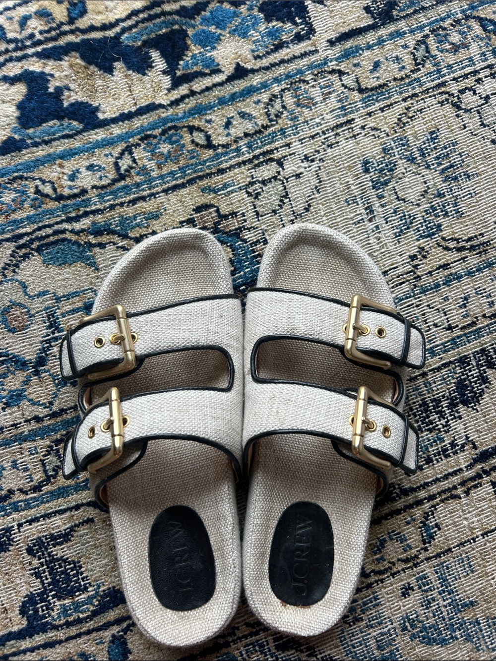 J. Crew Cream Canvas Double-Buckle Slides with Gold Buckles